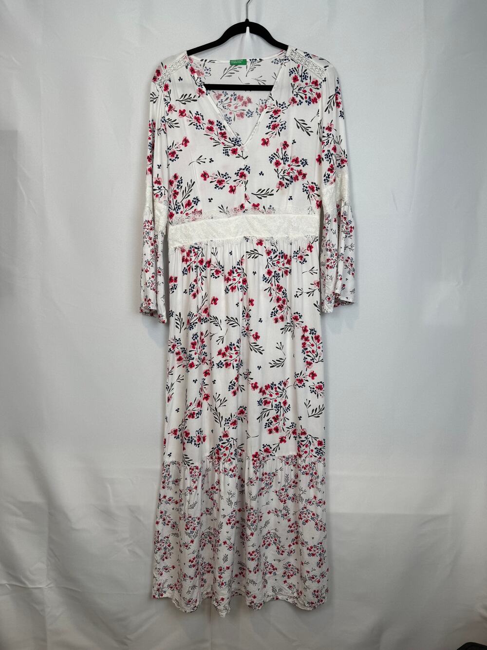 United Colors of Benetton Floral Lace Bell Sleeve Maxi Dress Size M Boho